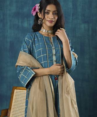 Turquoise checks plain cotton silk kurta set 3