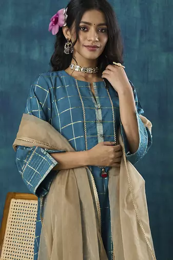 Turquoise checks plain cotton silk kurta set