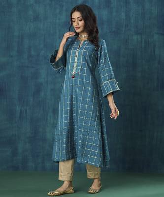 Turquoise checks plain cotton silk kurta set 4
