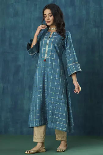 Turquoise checks plain cotton silk kurta set