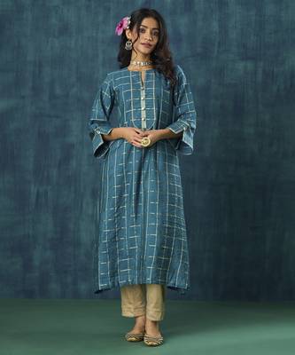 Turquoise checks plain cotton silk kurta set 5