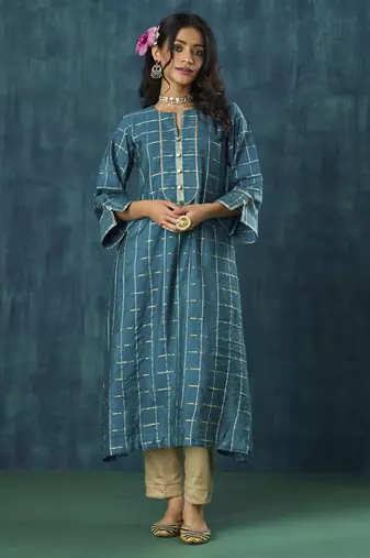Turquoise checks plain cotton silk kurta set