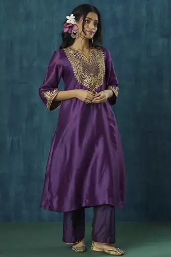 Purple embroidered chanderi silk kurta set