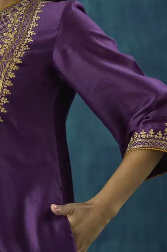 Purple embroidered chanderi silk kurta set