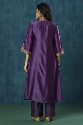 Purple embroidered chanderi silk kurta set