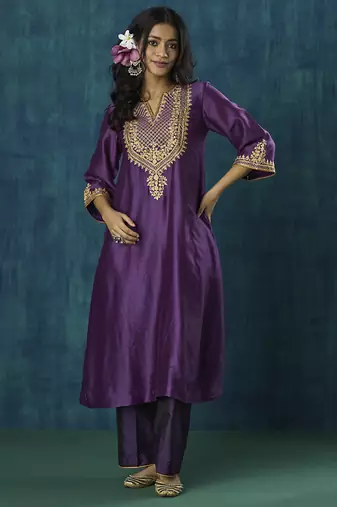 Purple embroidered chanderi silk kurta set