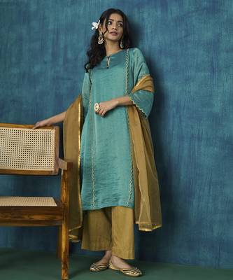 Teal zari stripe with scallop embroidery kurta set 1