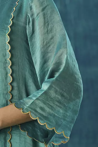Teal zari stripe with scallop embroidery kurta set