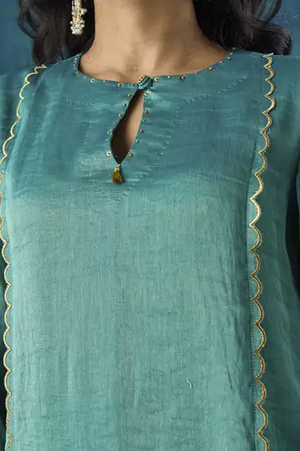 Teal zari stripe with scallop embroidery kurta set