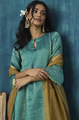 Teal zari stripe with scallop embroidery kurta set