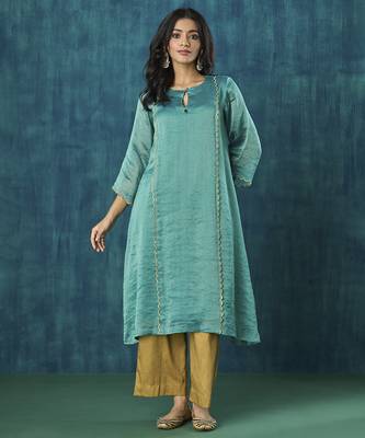 Teal zari stripe with scallop embroidery kurta set 5