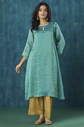 Teal zari stripe with scallop embroidery kurta set