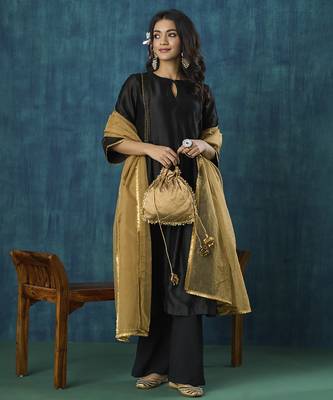 Black plain chanderi kurta with pant and dupatta 1