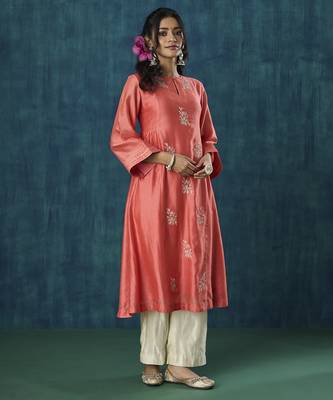 Peach floral embroidery chanderi kurti 1