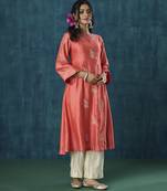 Peach floral embroidery chanderi kurti