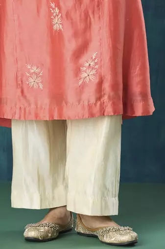 Peach floral embroidery chanderi kurti