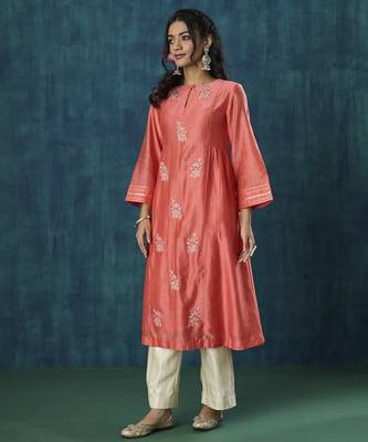 Peach floral embroidery chanderi kurti 3