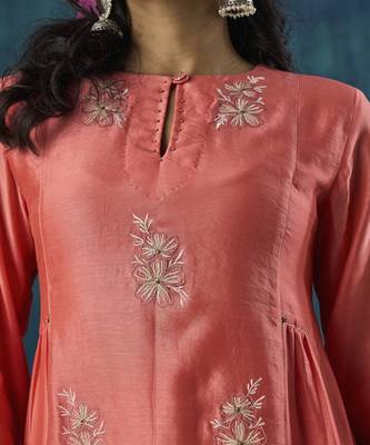 Peach floral embroidery chanderi kurti 5