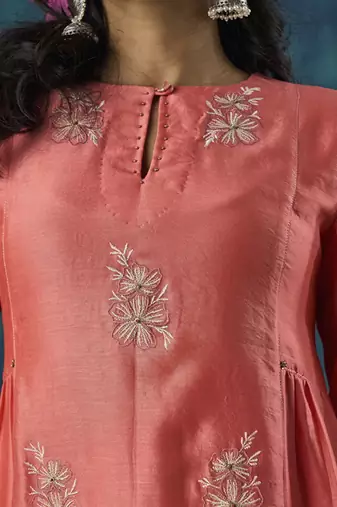 Peach floral embroidery chanderi kurti