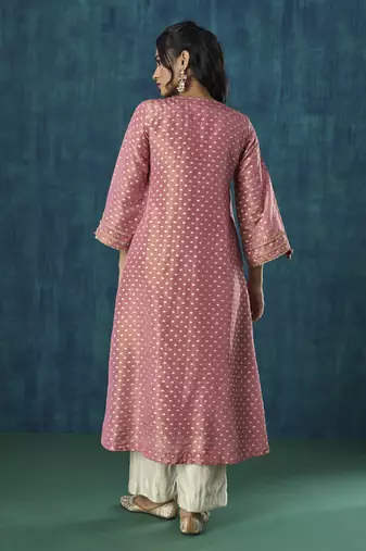 Pink zari booti kurti with lace detail