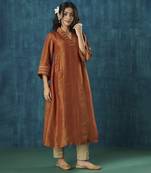 Rust plain tissue gota detail kurti