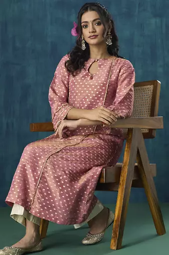 Pink zari booti kurti with lace detail