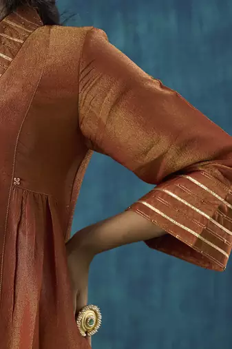 Rust plain tissue gota detail kurti