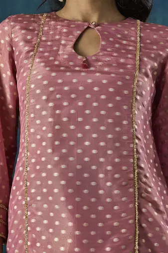 Pink zari booti kurti with lace detail