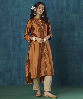 Rust plain habotai silk kurti 3