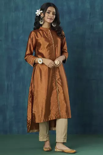 Rust plain habotai silk kurti