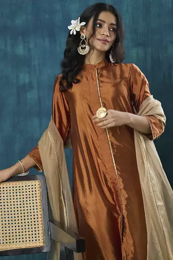 Rust plain habotai silk kurti