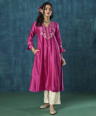 Magenta embroidered chanderi silk fabric kurti 1
