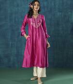 Magenta embroidered chanderi silk fabric kurti