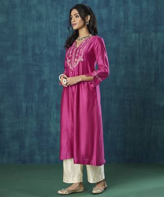 Magenta embroidered chanderi silk fabric kurti 2