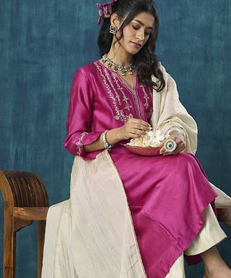 Magenta embroidered chanderi silk fabric kurti 4