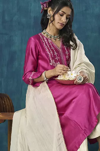 Magenta embroidered chanderi silk fabric kurti