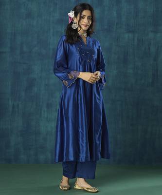 Navy blue plain chanderi silk kurti 2