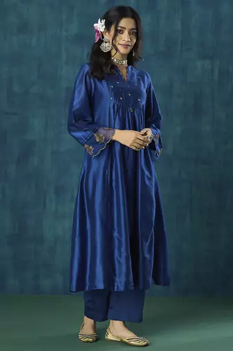 Navy blue plain chanderi silk kurti