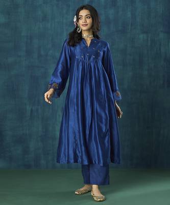 Navy blue plain chanderi silk kurti 5