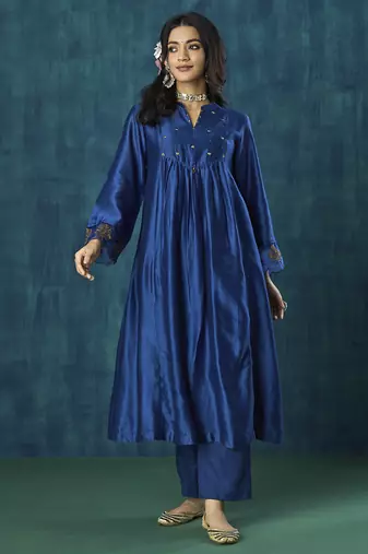 Navy blue plain chanderi silk kurti