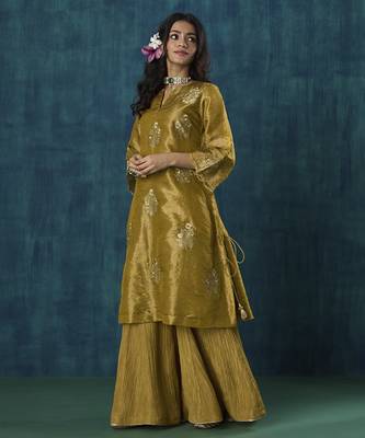 Mustard floral embroidered tissue kurti 1