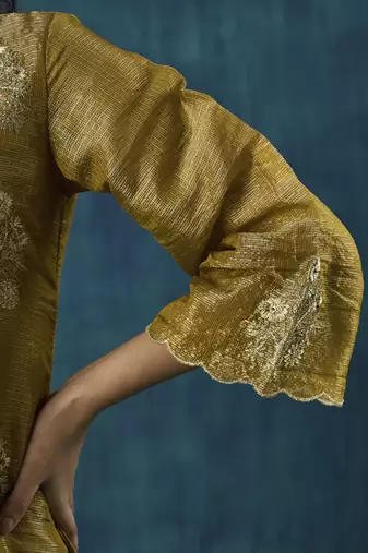 Mustard floral embroidered tissue kurti