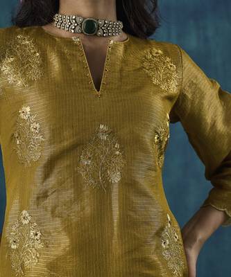 Mustard floral embroidered tissue kurti 4