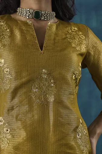 Mustard floral embroidered tissue kurti