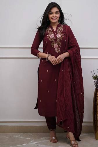 Maroon Embroidered Cotton Suit Set with Dupatta