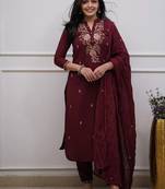 Maroon Embroidered Cotton Suit Set with Dupatta