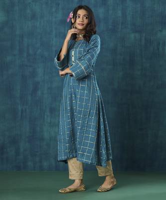 Turquoise checks cotton silk kurti 1