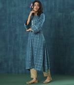 Turquoise checks cotton silk kurti