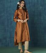 Rust habotai plain silk kurta with pant