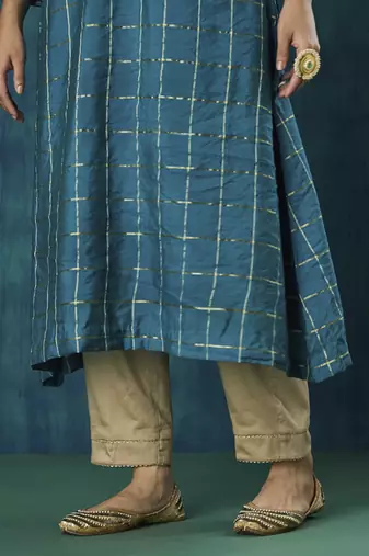 Turquoise checks cotton silk kurti